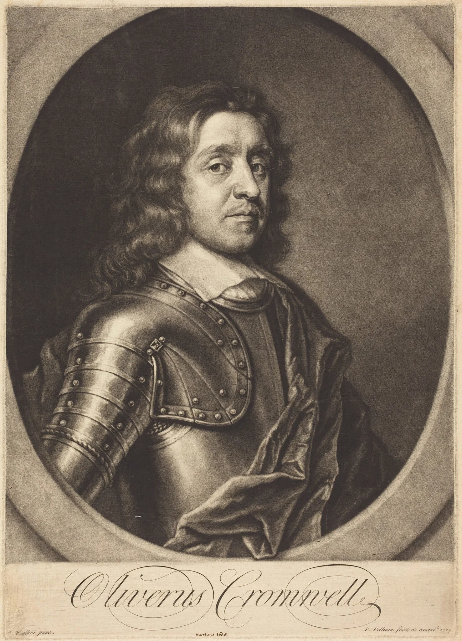 Oliver Cromwell, by Peter Pelham, ink, 1723