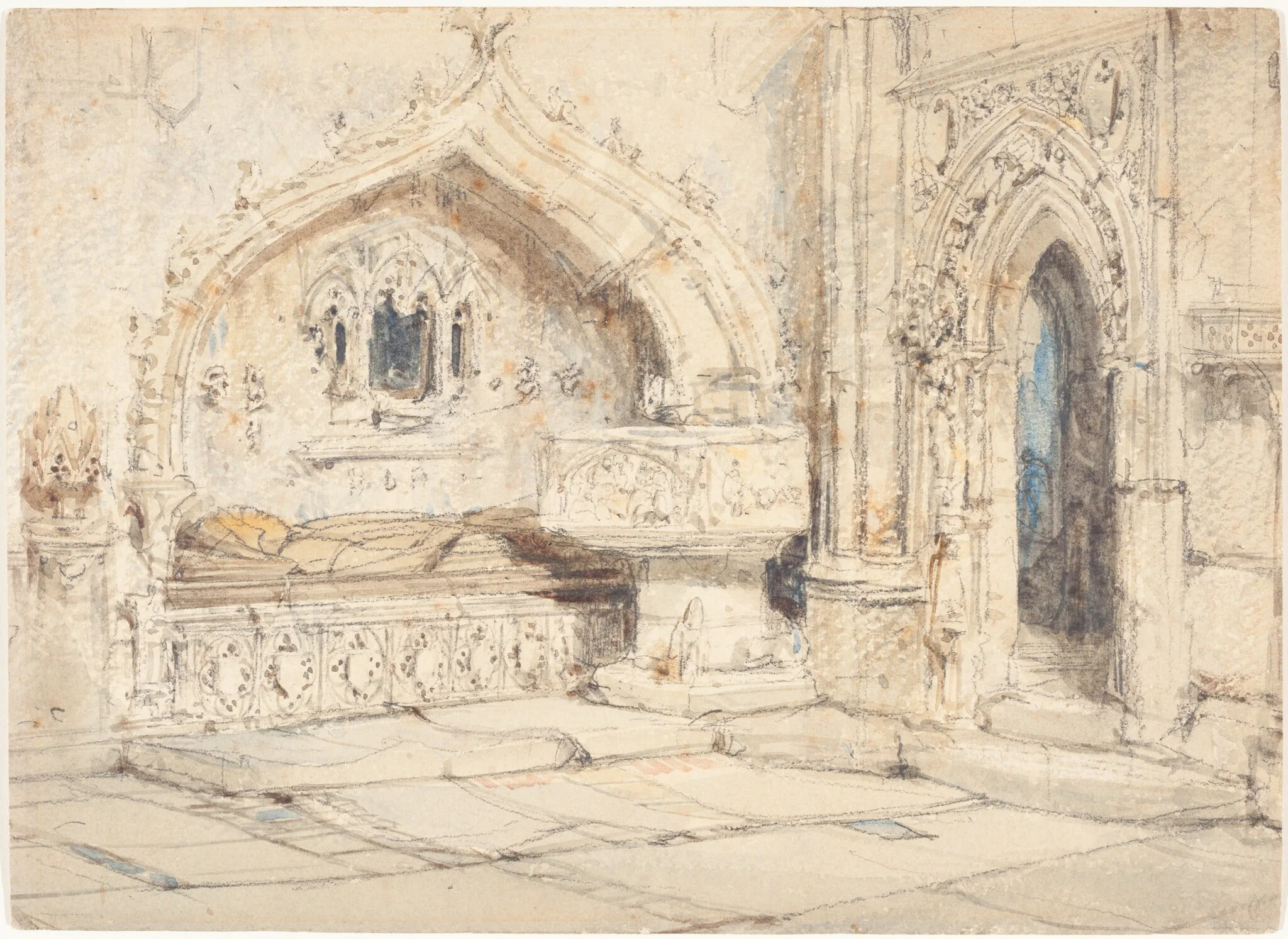 Interior of a Church with a Wall Tomb and Medieval Font, by Louis Haghe, graphite, 1852