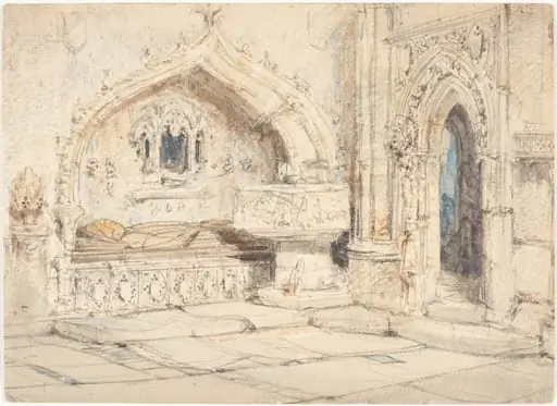 Interior of a Church with a Wall Tomb and Medieval Font