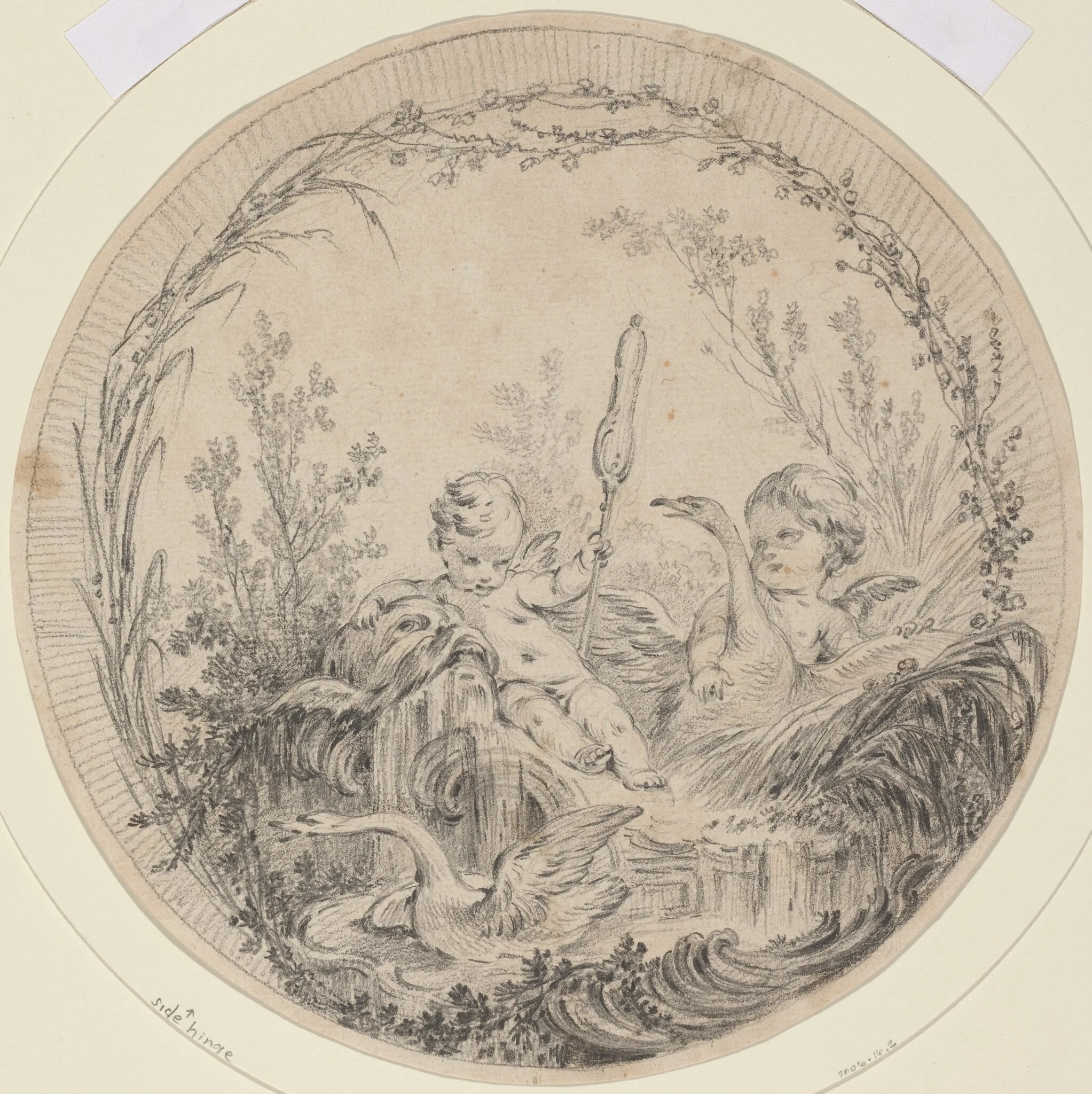 Two Putti Playing with Swans, by Charles Eisen, chalk, 1749