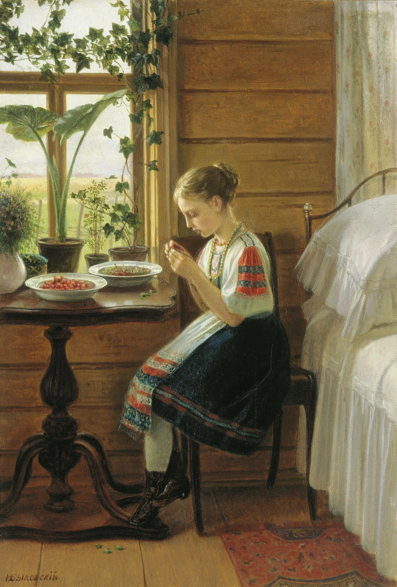 Girl Peeling Berries, by Nikolai Mikhailovich Bykovsky, oil, 1890