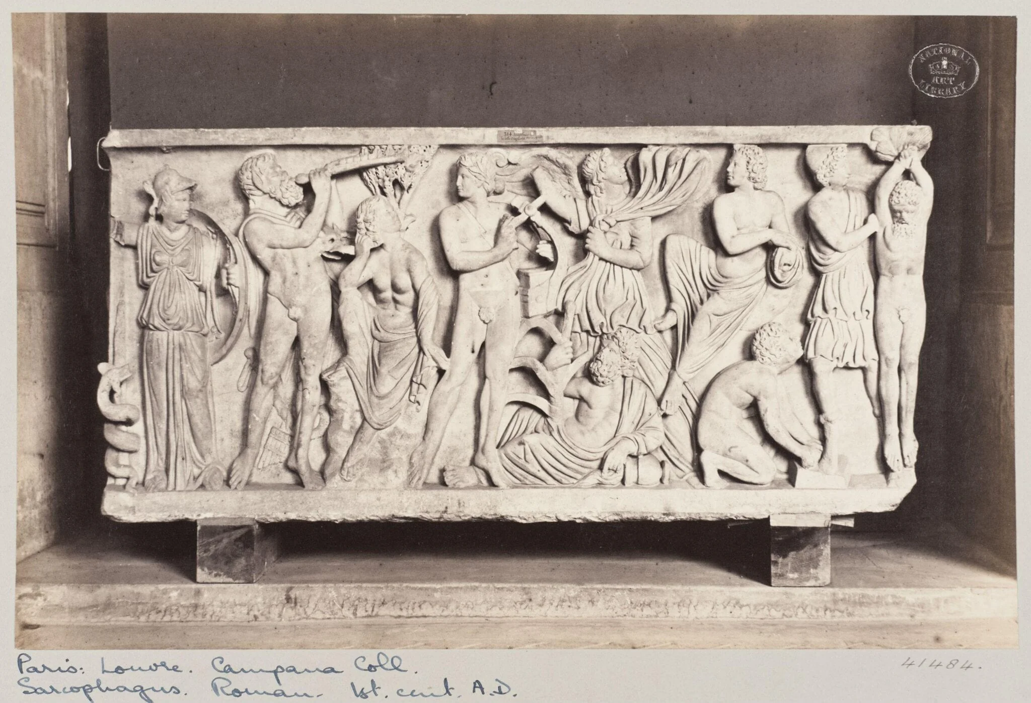 Marble Sarcophagus showing the trial of skill between Apollo and Marsyas, bas-relief, by Louise Laffon, photographic, 1864