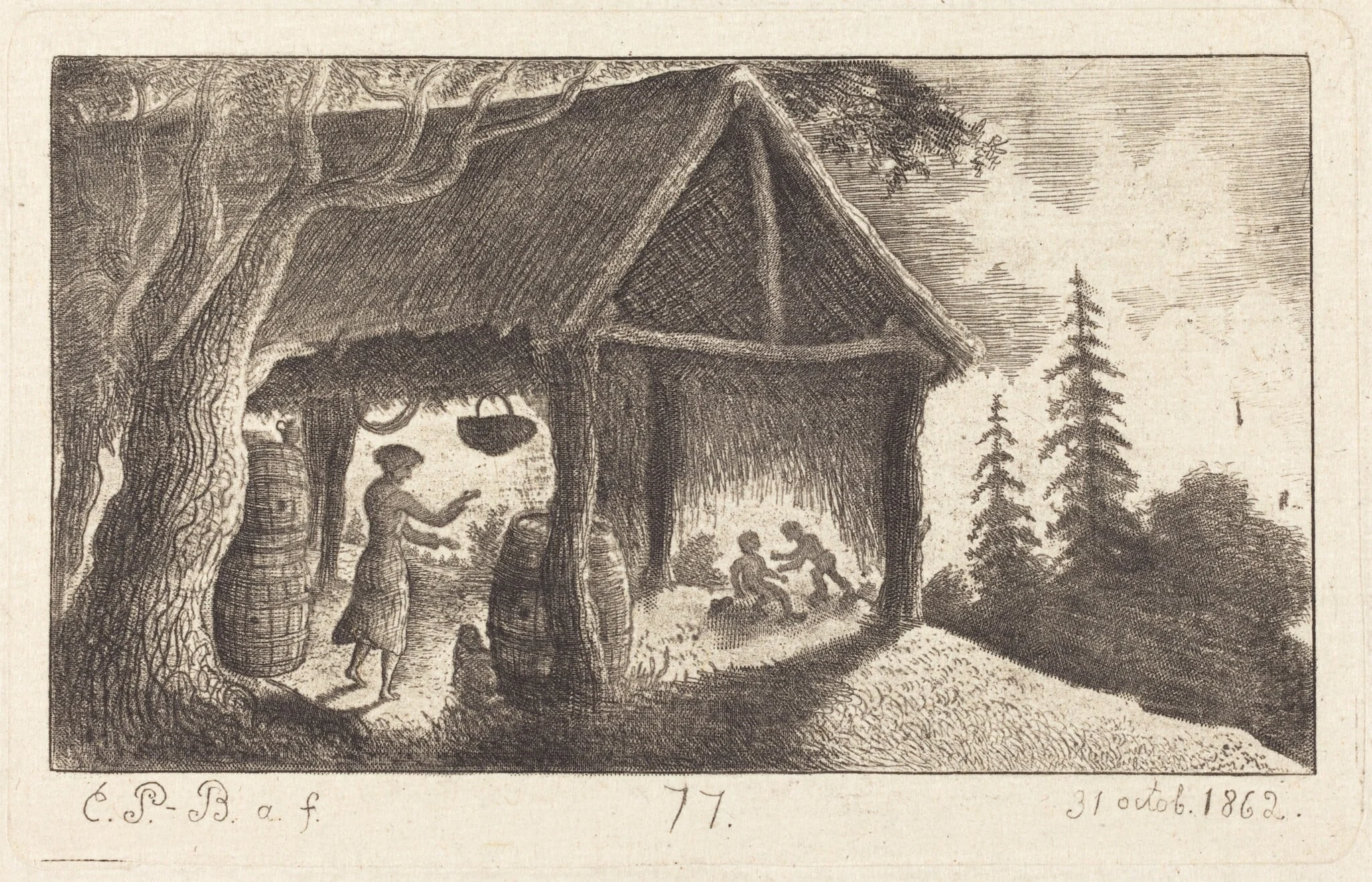 The Shed with Children Fighting, by Emmanuel Phélippes-Beaulieu, ink, 1862