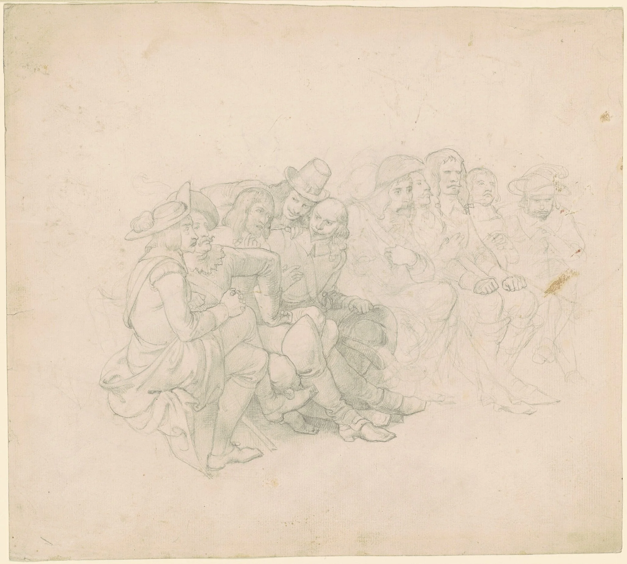 Men in Seventeenth-Century Costumes [recto], by Emanuel Leutze, graphite, 1854