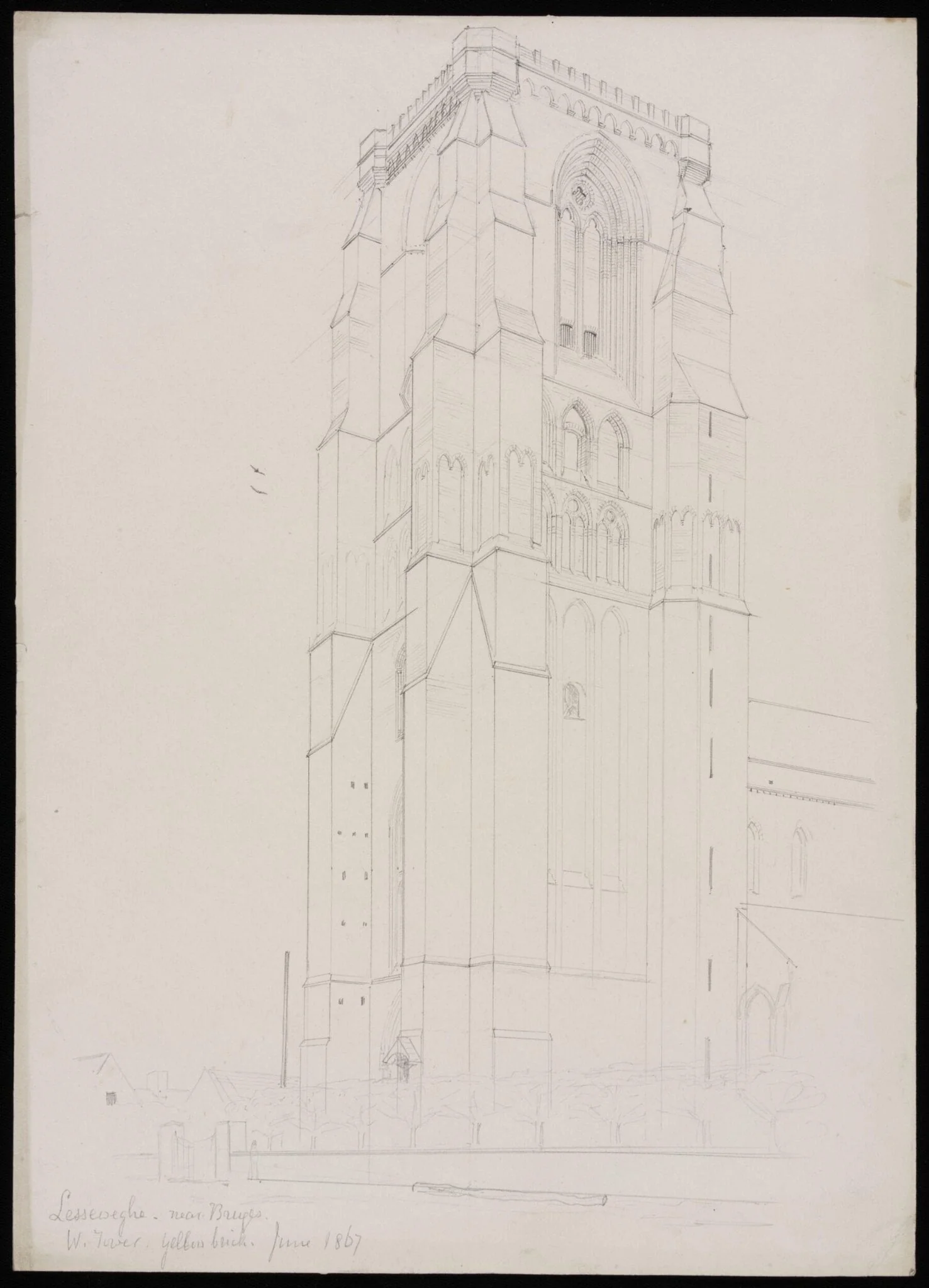 W. tower of the church, Lisseweghe, by Somers Clarke, 1867