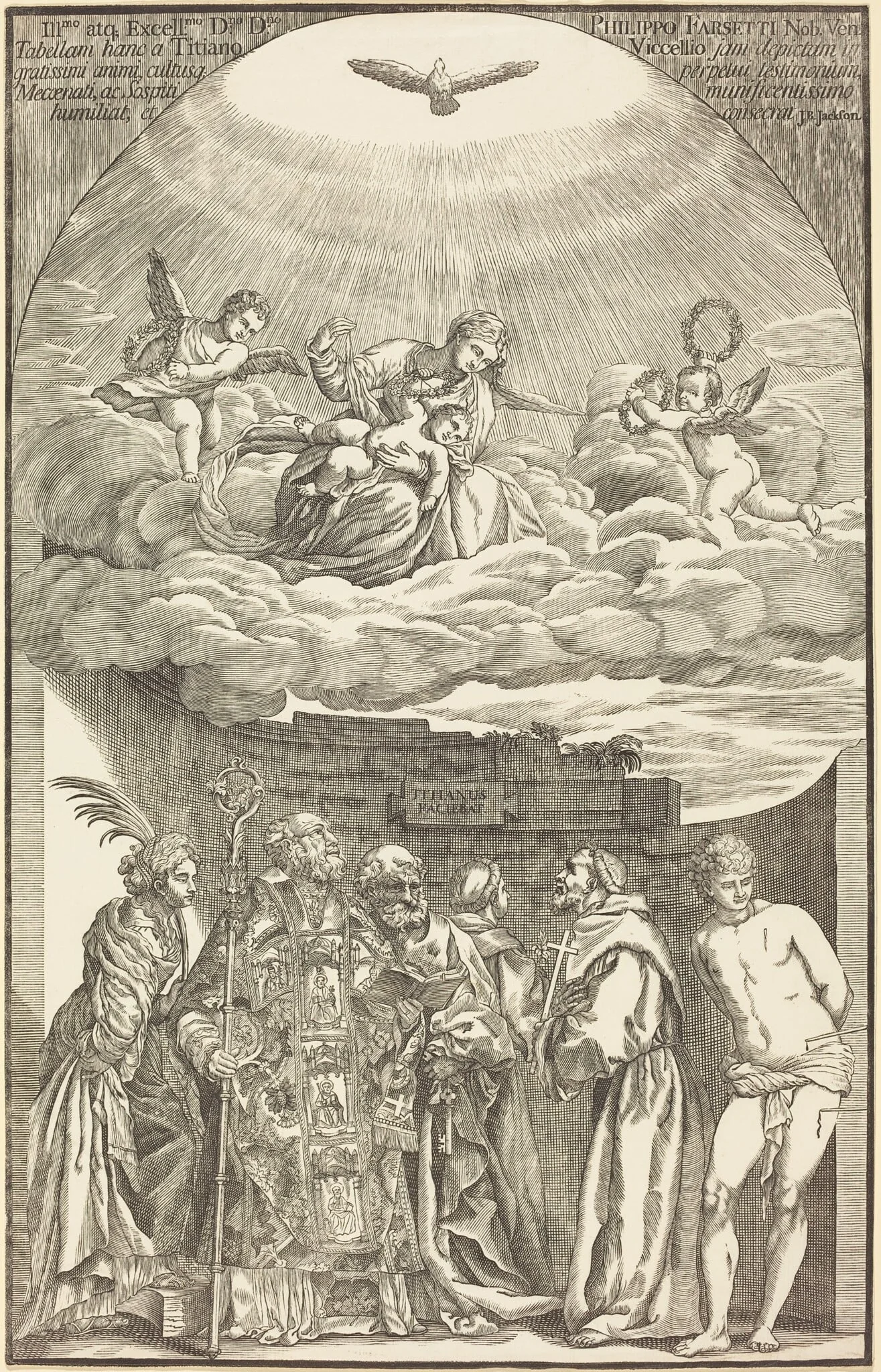 The Virgin in Clouds and Six Saints, by John Baptist Jackson, ink, 1742