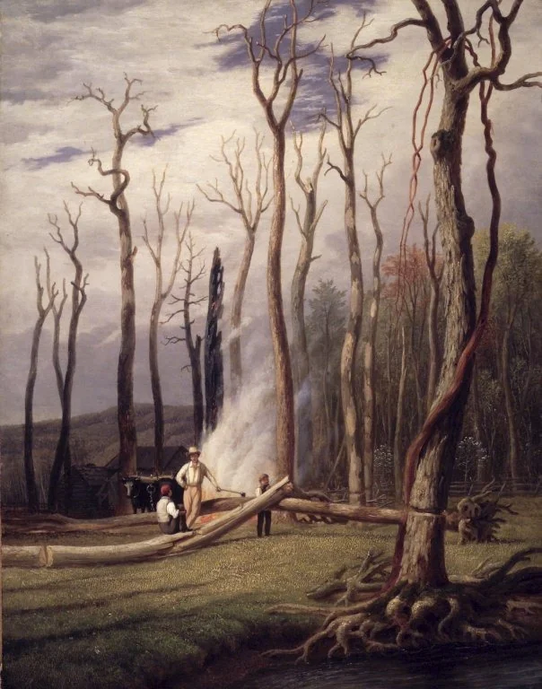 Spring--Burning Trees in a Girdled Clearing, Western Scene, by George Harvey, oil, 1840
