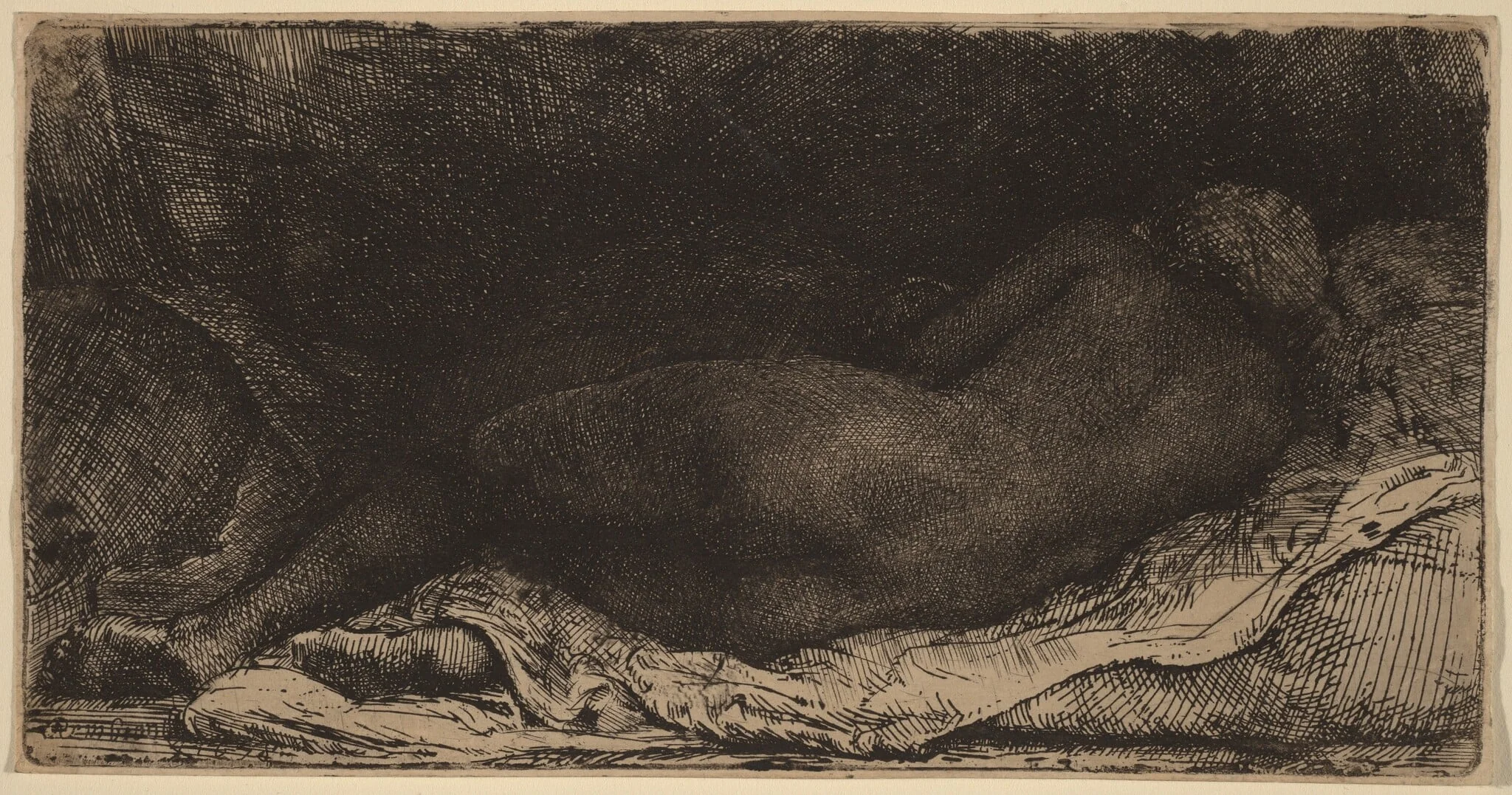 Reclining Female Nude, by Rembrandt, ink, 1658