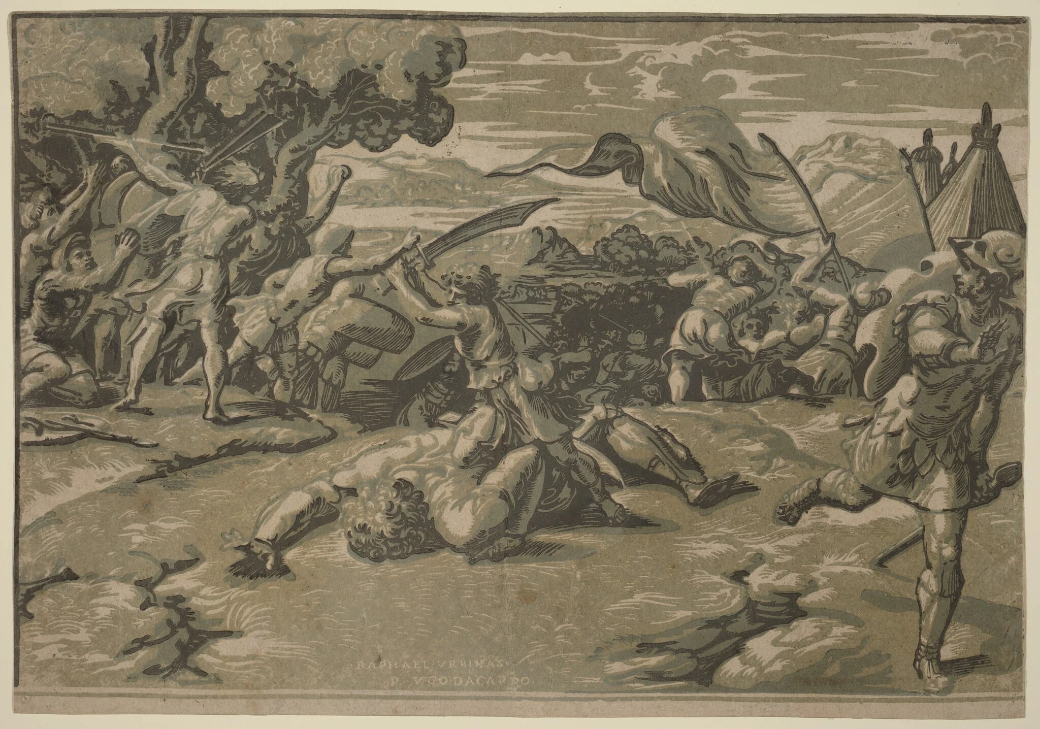 David Slaying Goliath, by Ugo da Carpi, ink, 1520