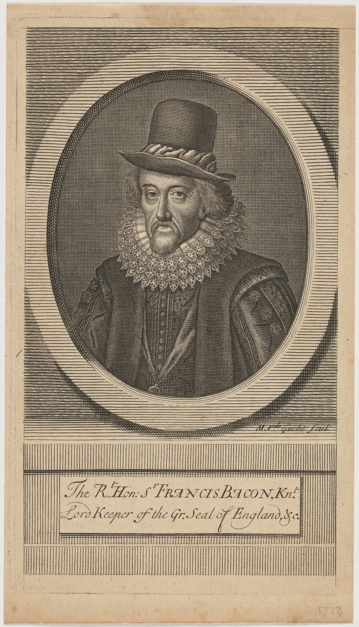 The Right Honorable Sir Francis Bacon, Knight, by Michiel van der Gucht, ink, 1713