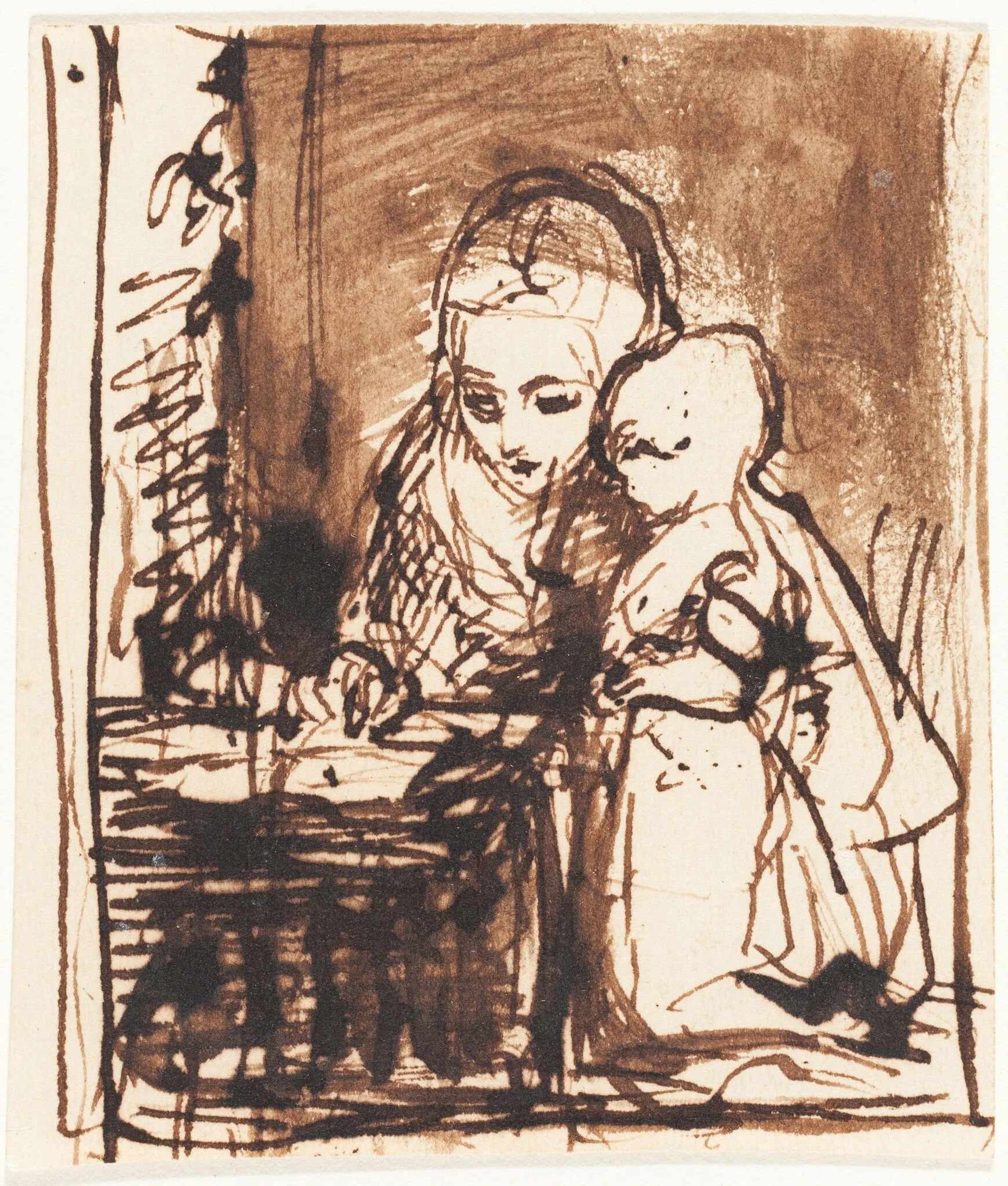 Woman Reading to a Child, by Charles West Cope, ink, 1850