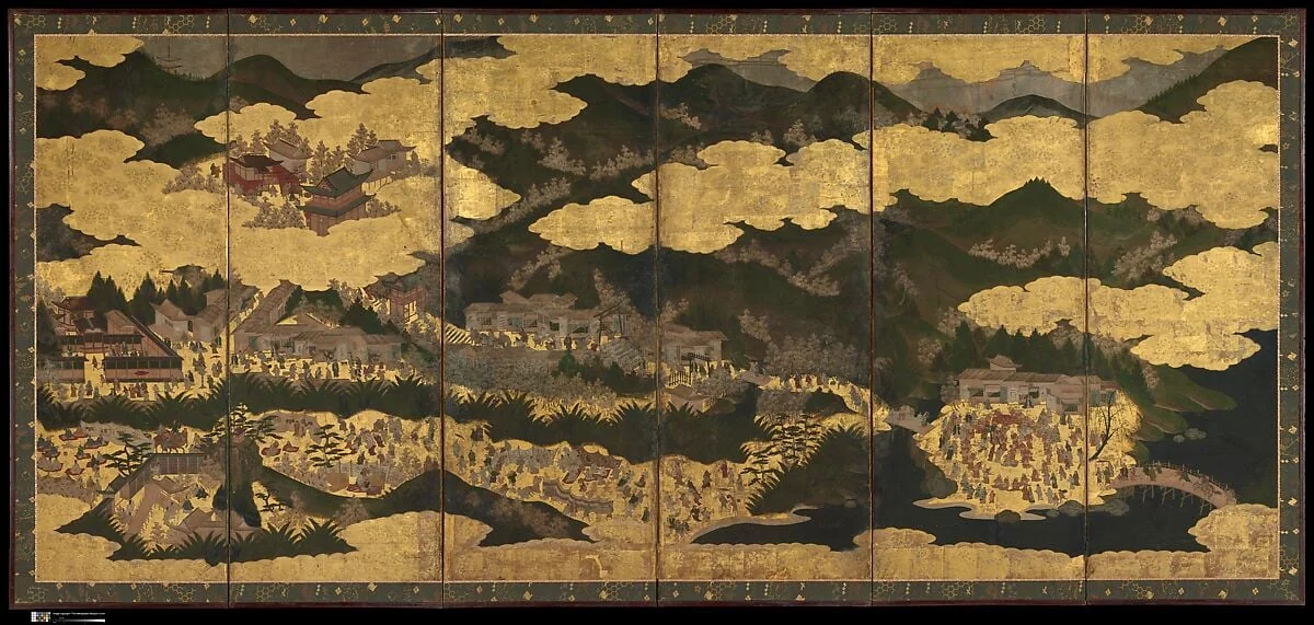 厳島吉野花見図屏風|Cherry Blossom Viewing at Itsukushima and Yoshino, by Unknown, ink, 1635