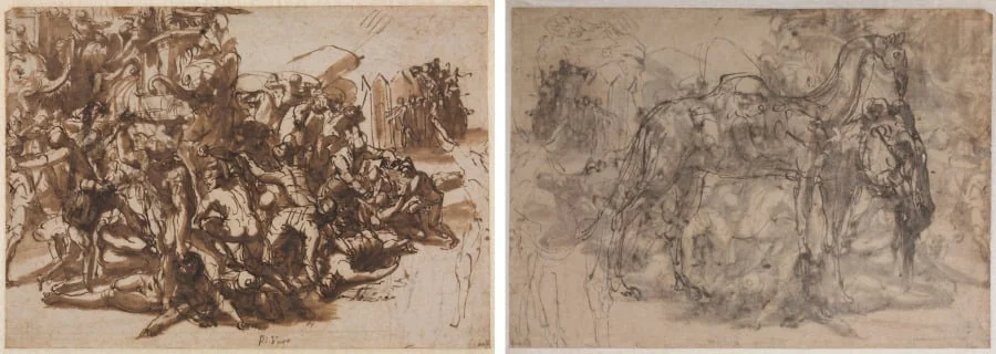 Poros Assailed by the Macedonian Army (recto); Sketches of Animals (verso), by Perino del Vaga, 1546