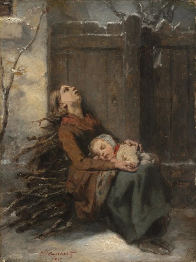 Destitute Dead Mother holding her sleeping Child in Winter, by Octave Tassaert, unspecified, 1850