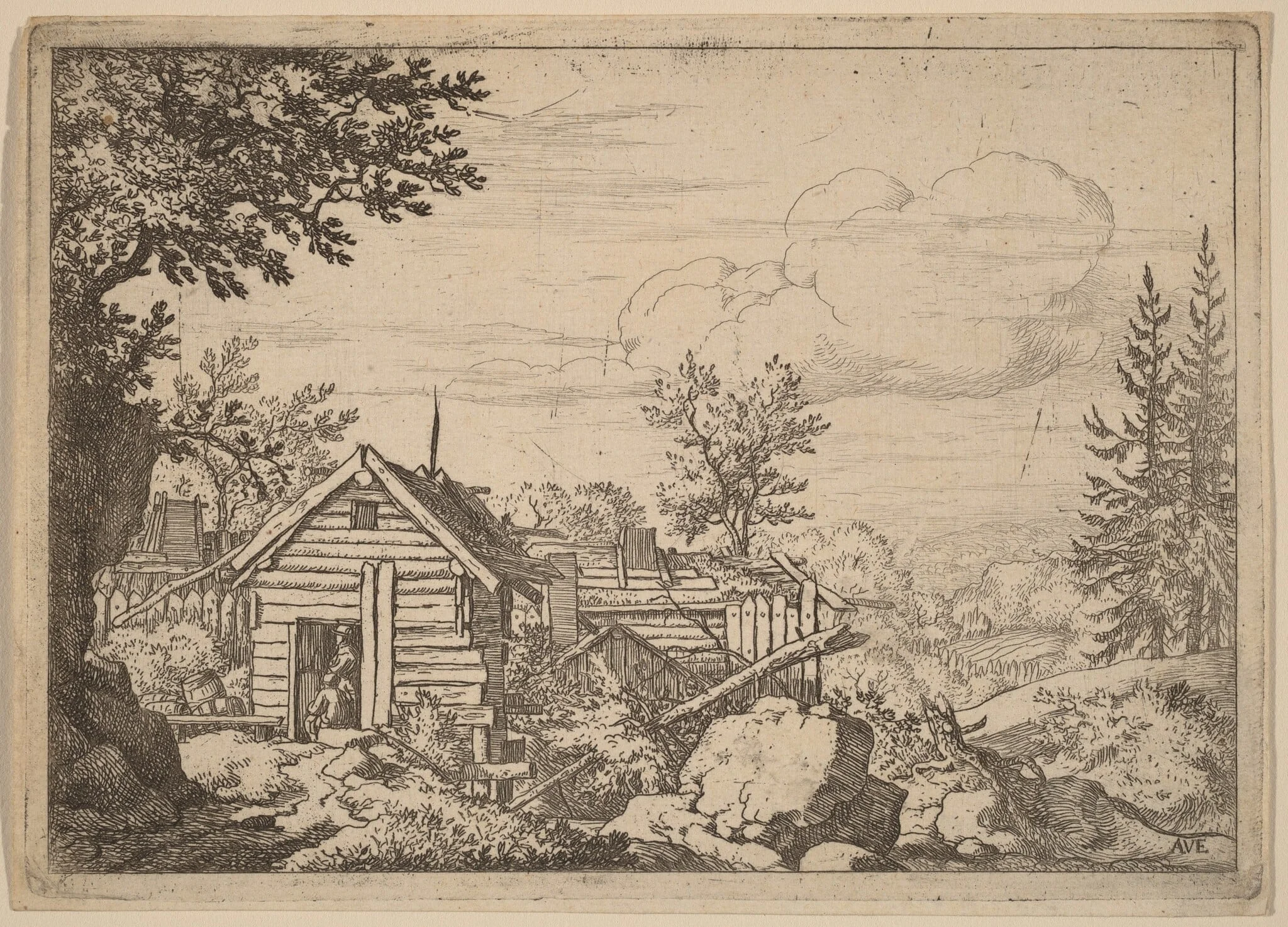 Two Men in the Doorway of a Hut, by Allart van Everdingen, ink, 1650