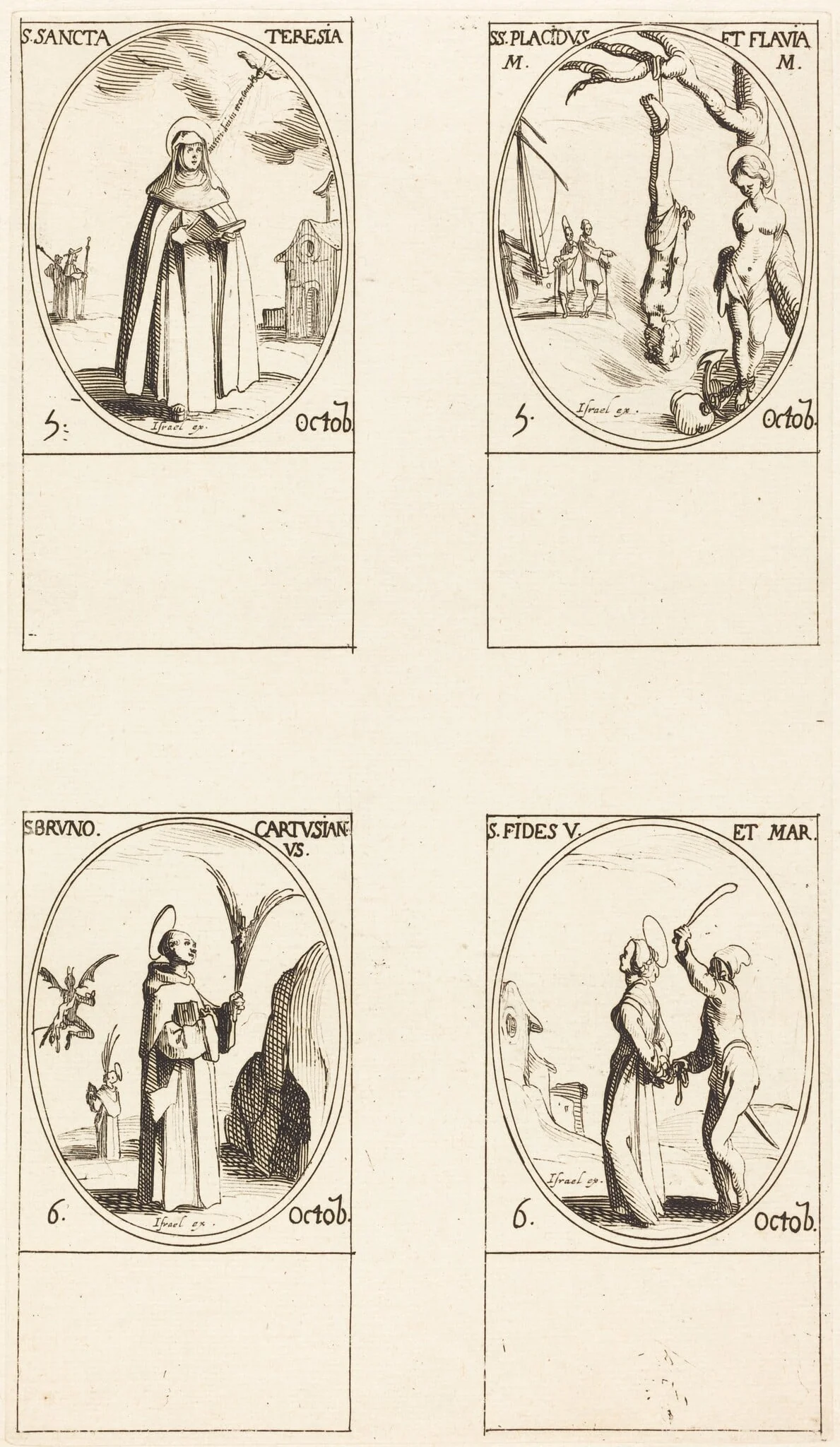 St. Theresa; St. Placidus and Flavia; St. Bruno; St. Faith, by Jacques Callot, ink, 1634
