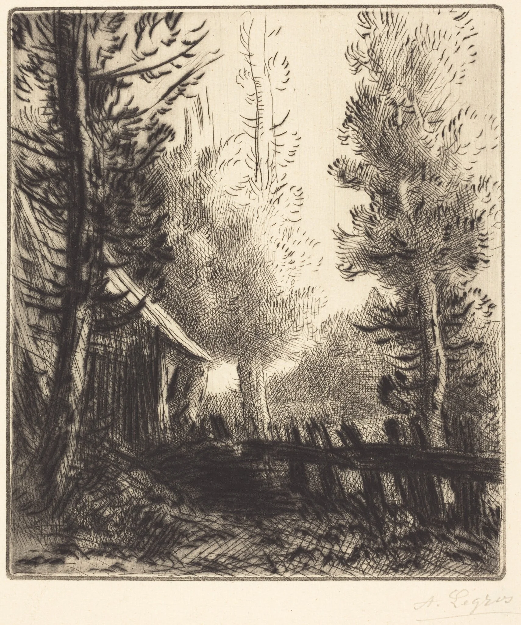 Shed (Le hangar), by Alphonse Legros, ink, 1874