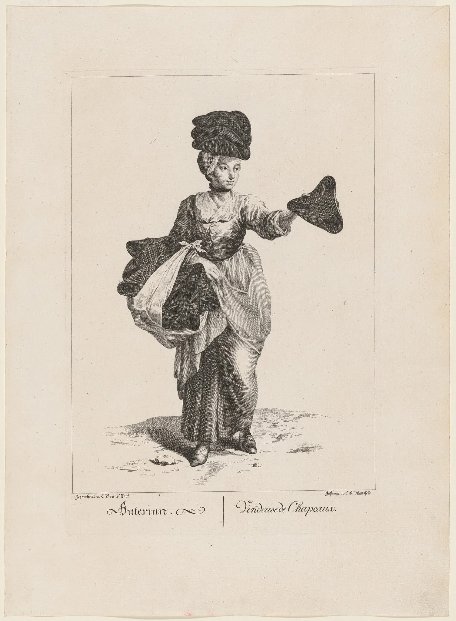 Huterinn/Vendeuse de Chapeaux. (Hat Seller), by Sebastian Mansfeld, ink, 1775