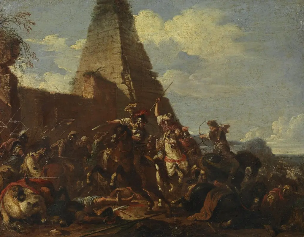 Equestrian battle against Orientals in front of a pyramid