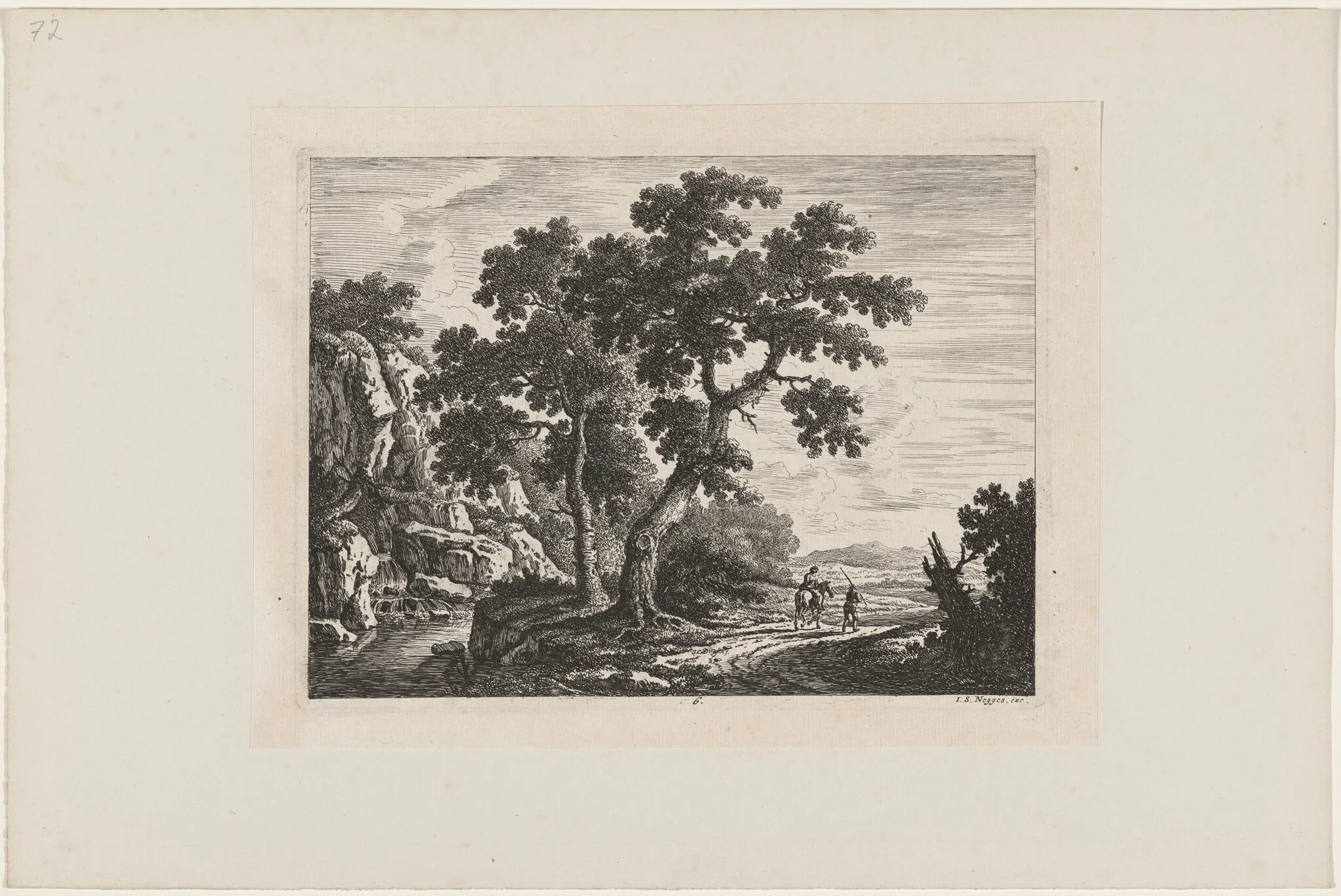 Rider on a Path by a Waterfall, by Johann Christoph Dietzsch, ink, 1734