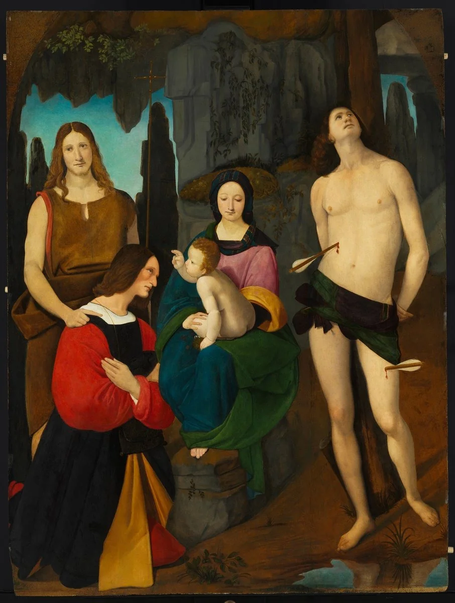 Madonna and Child with Saint John the Baptist, Saint Sebastian and Donor Bassiano Da Ponte, by Giovanni Antonio Boltraffio, oil, 1508