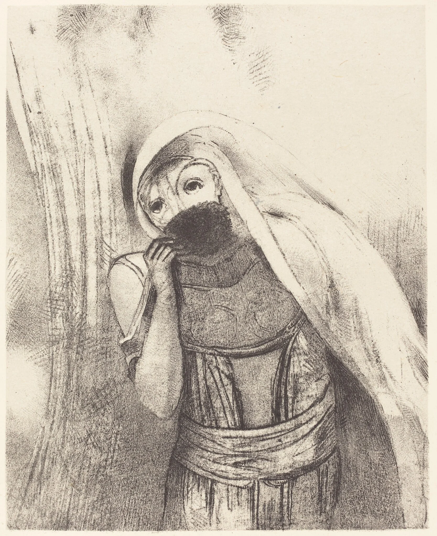 Elle tire de sa poitrine une eponge toute noire, la couvre de baisers (She draws from her bosom a sponge, perfectly black, and covers it with kisses), by Odilon Redon, ink, 1896