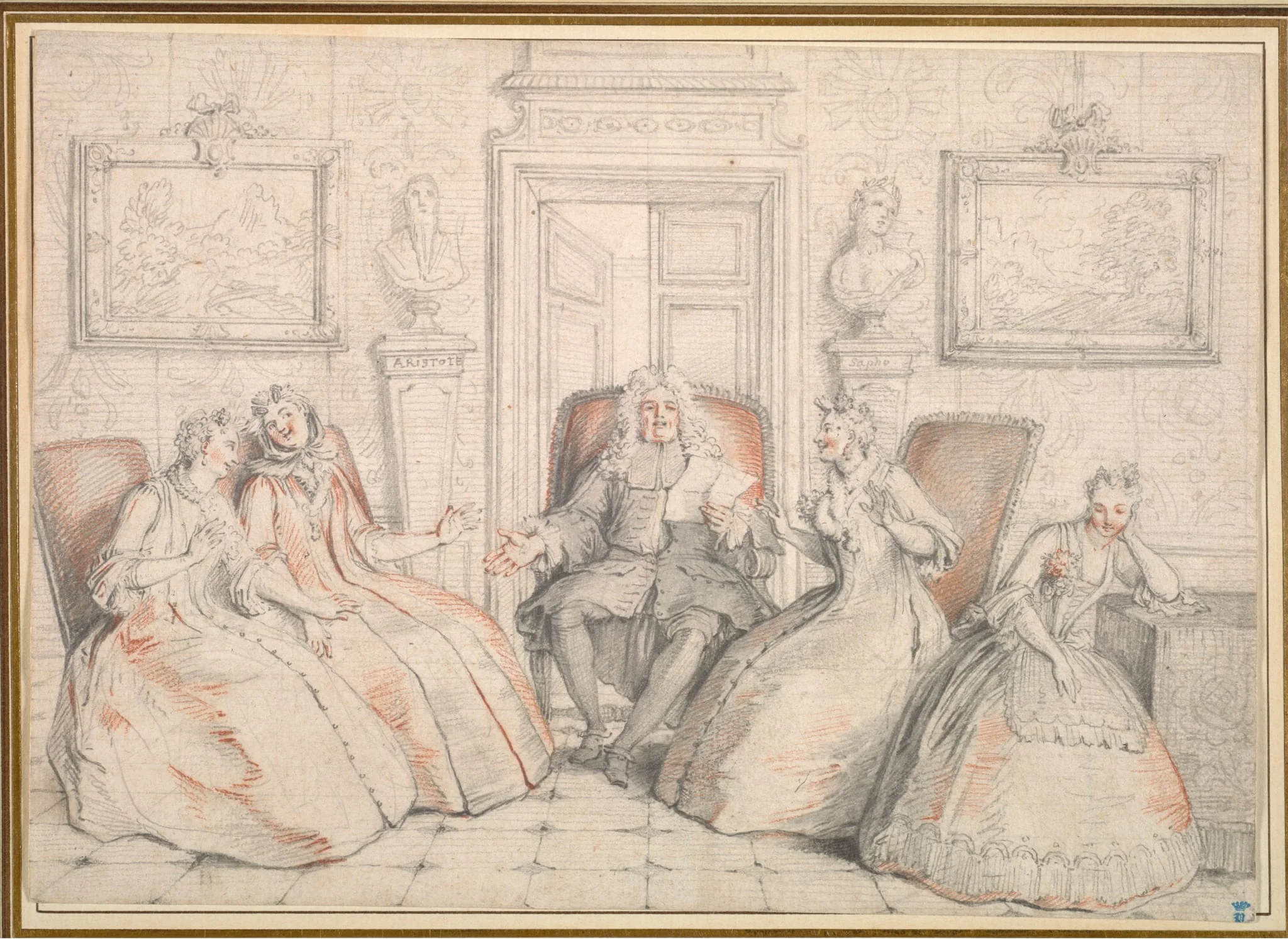 Trissotin Reading to Philaminte, Bélise, and Armande (from act 3, scene 2 of Molière's "Les Femmes Savantes", by Charles-Antoine Coypel, 1726