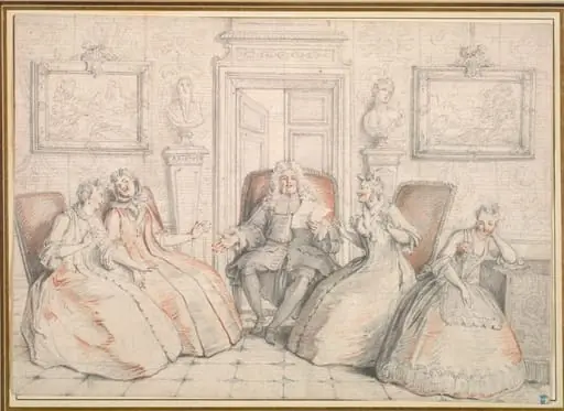 Trissotin Reading to Philaminte, Bélise, and Armande (from act 3, scene 2 of Molière's "Les Femmes Savantes"