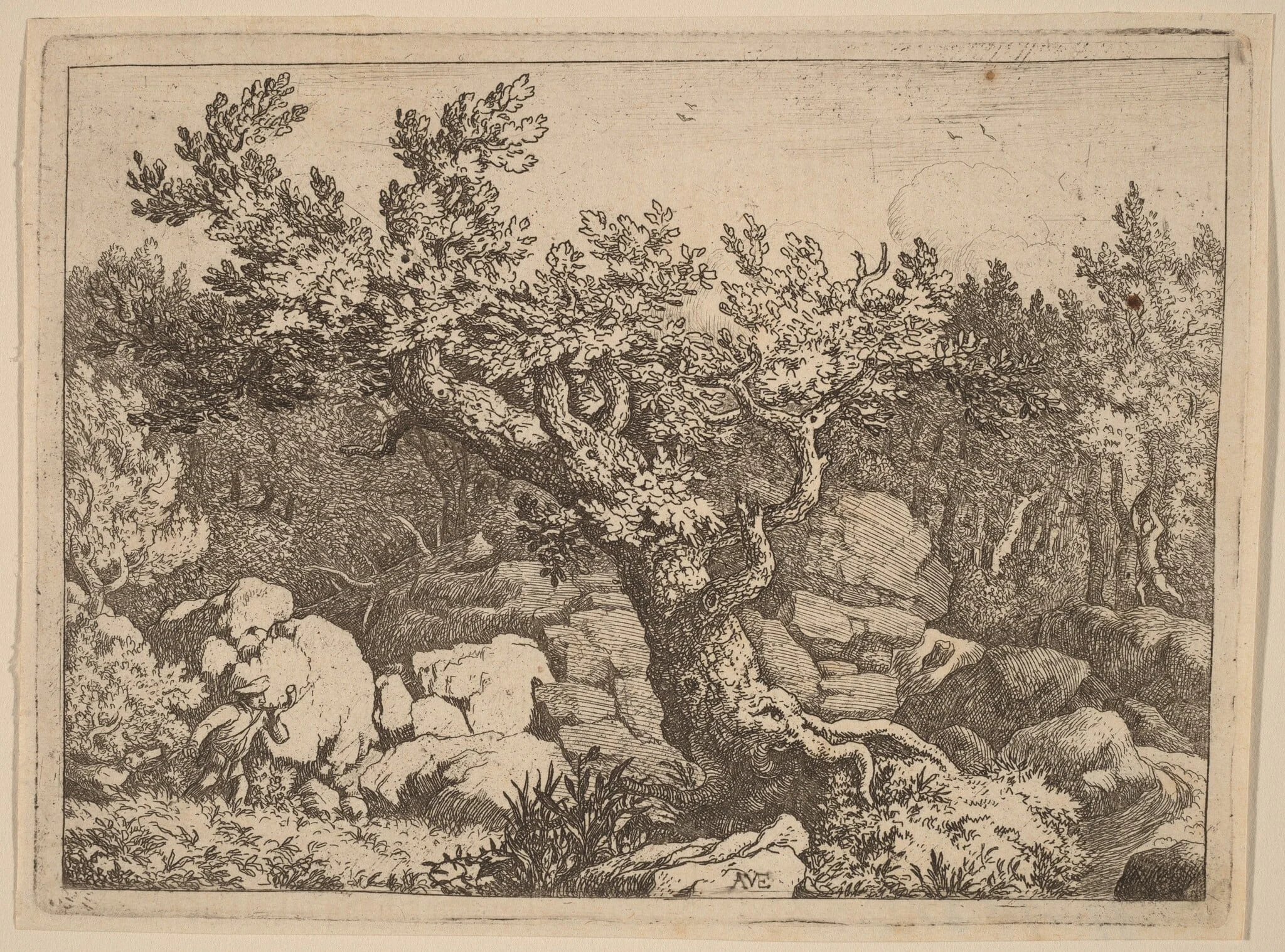Sportsman near a Large Tree, by Allart van Everdingen, ink, 1650