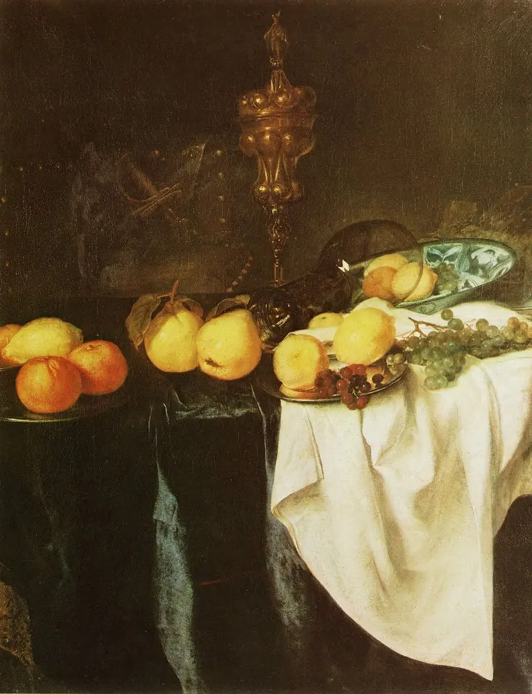 Still life with covered beaker and fruit