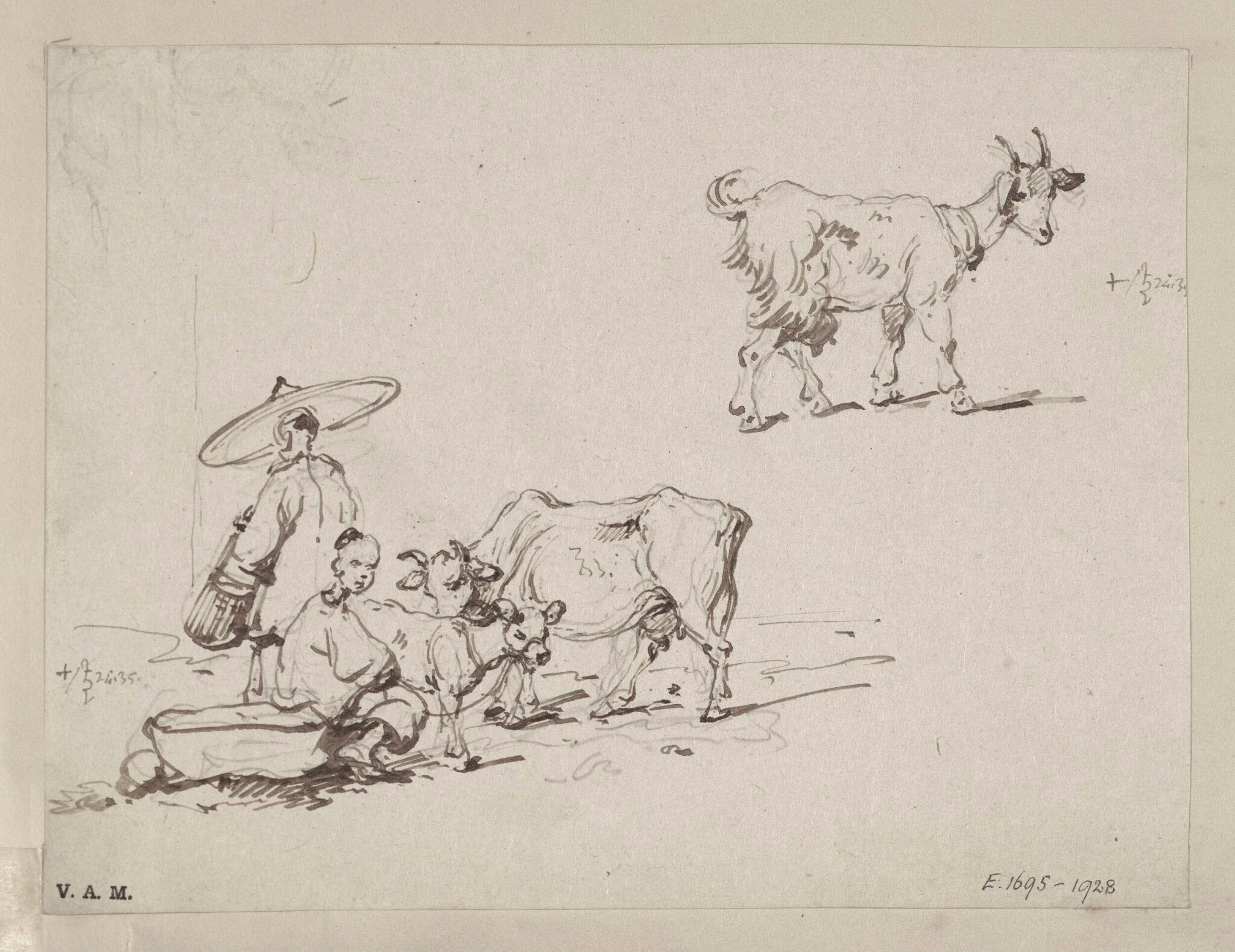 Two figures with a cow and calf; and a goat, by George Chinnery, 16