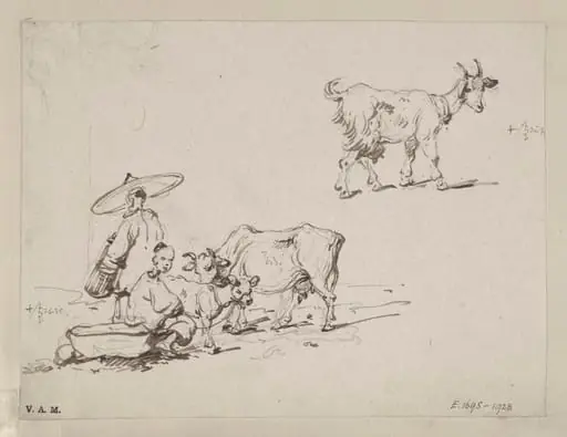 Two figures with a cow and calf; and a goat