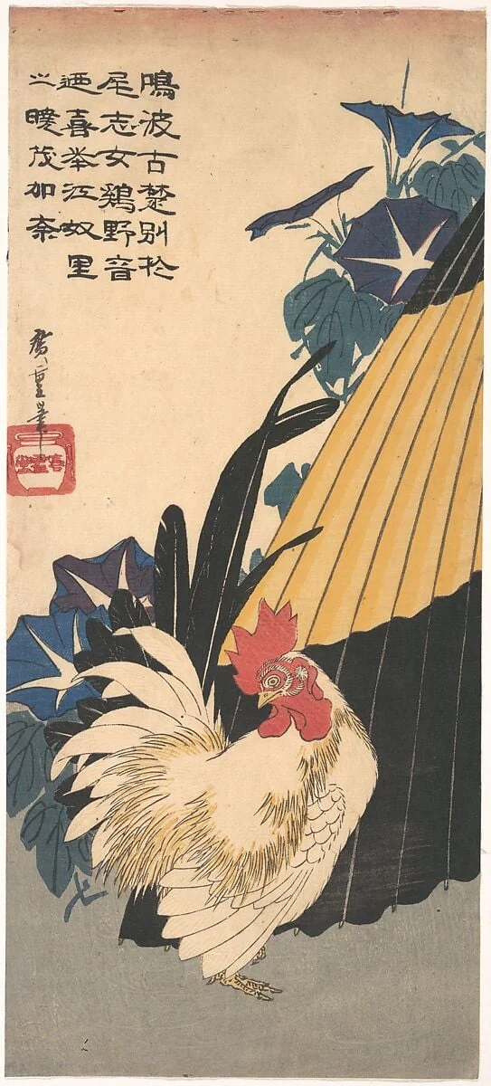 歌川広重画　朝顔に鶏と傘|Rooster, Umbrella, and Morning Glories, by Utagawa Hiroshige, ink, 1830