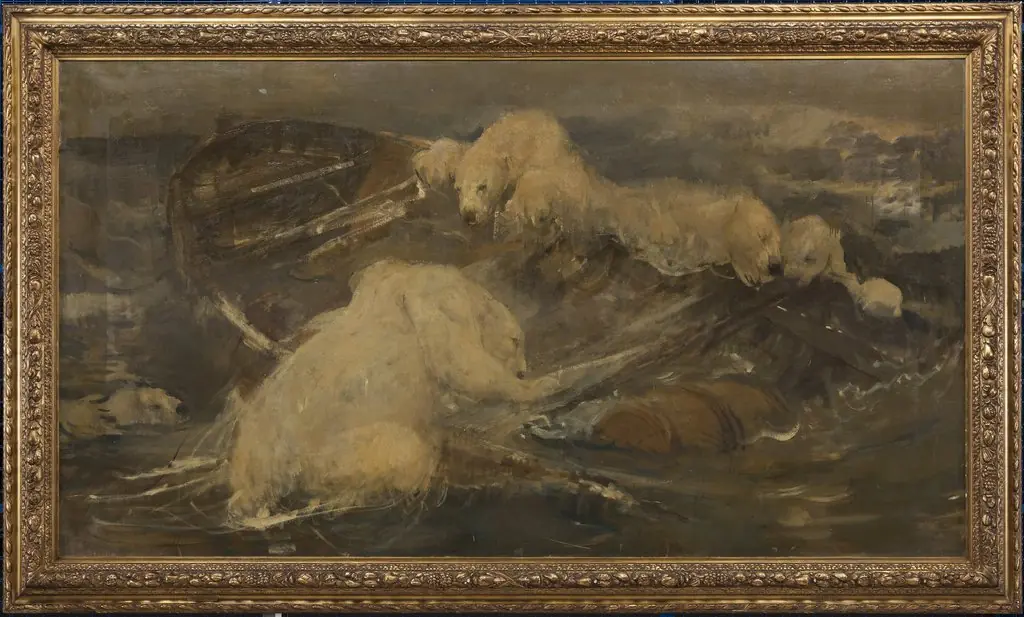 IJsberen beklimmen een ronddrijvende sloep