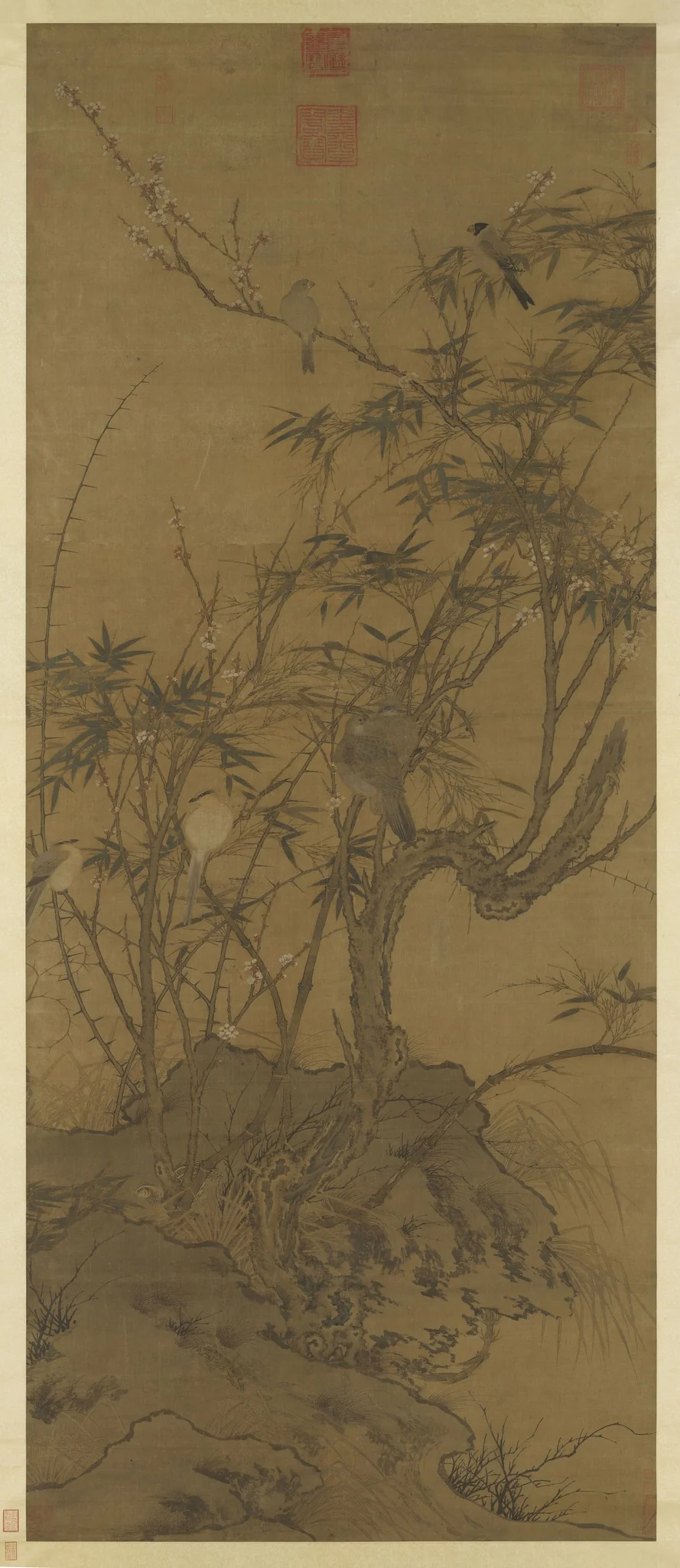 Plum Tree, Bamboo, and a Gathering of Birds, by Unknown, unspecified