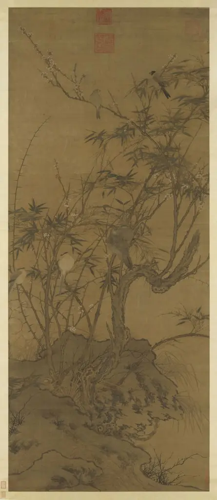 Plum Tree, Bamboo, and a Gathering of Birds