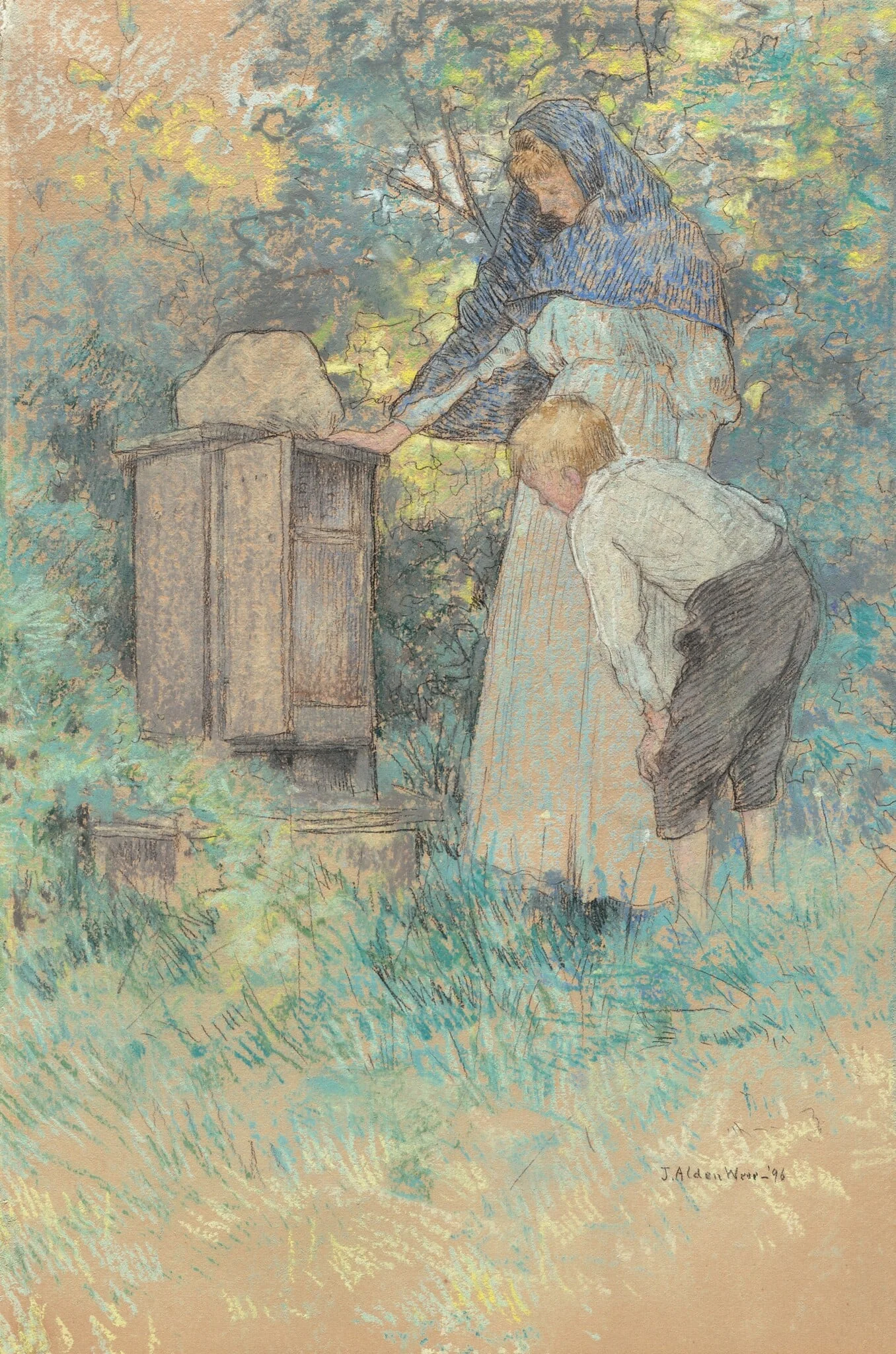 Watching the Bees, by Julian Alden Weir, pastel, 1896