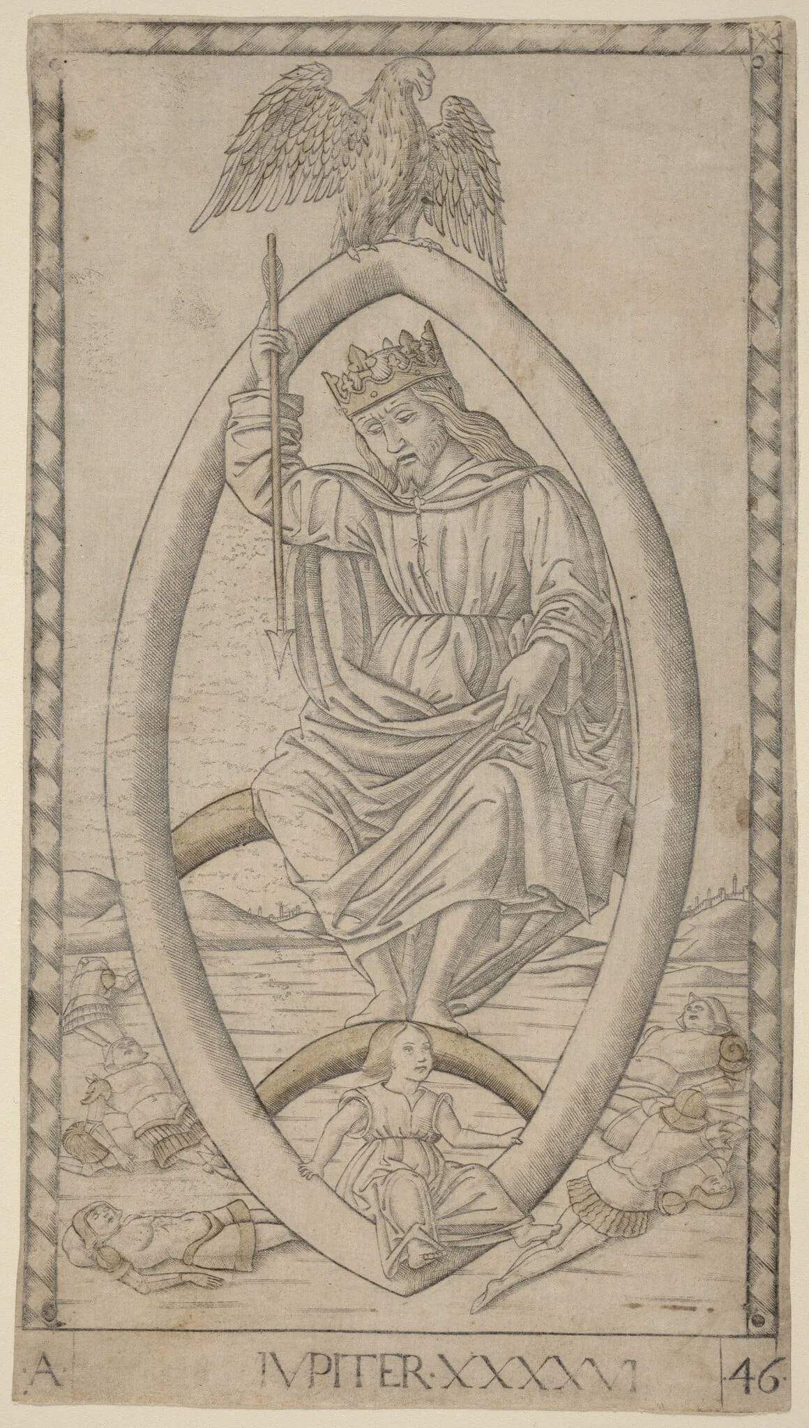 Iupiter (Jupiter), by Master of the E-Series Tarocchi, ink, 1465