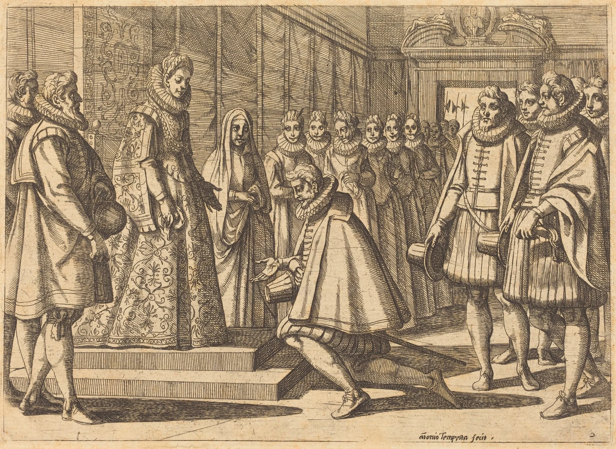 Philip of Spain before Margaret of Austria, by Antonio Tempesta, ink, 1612
