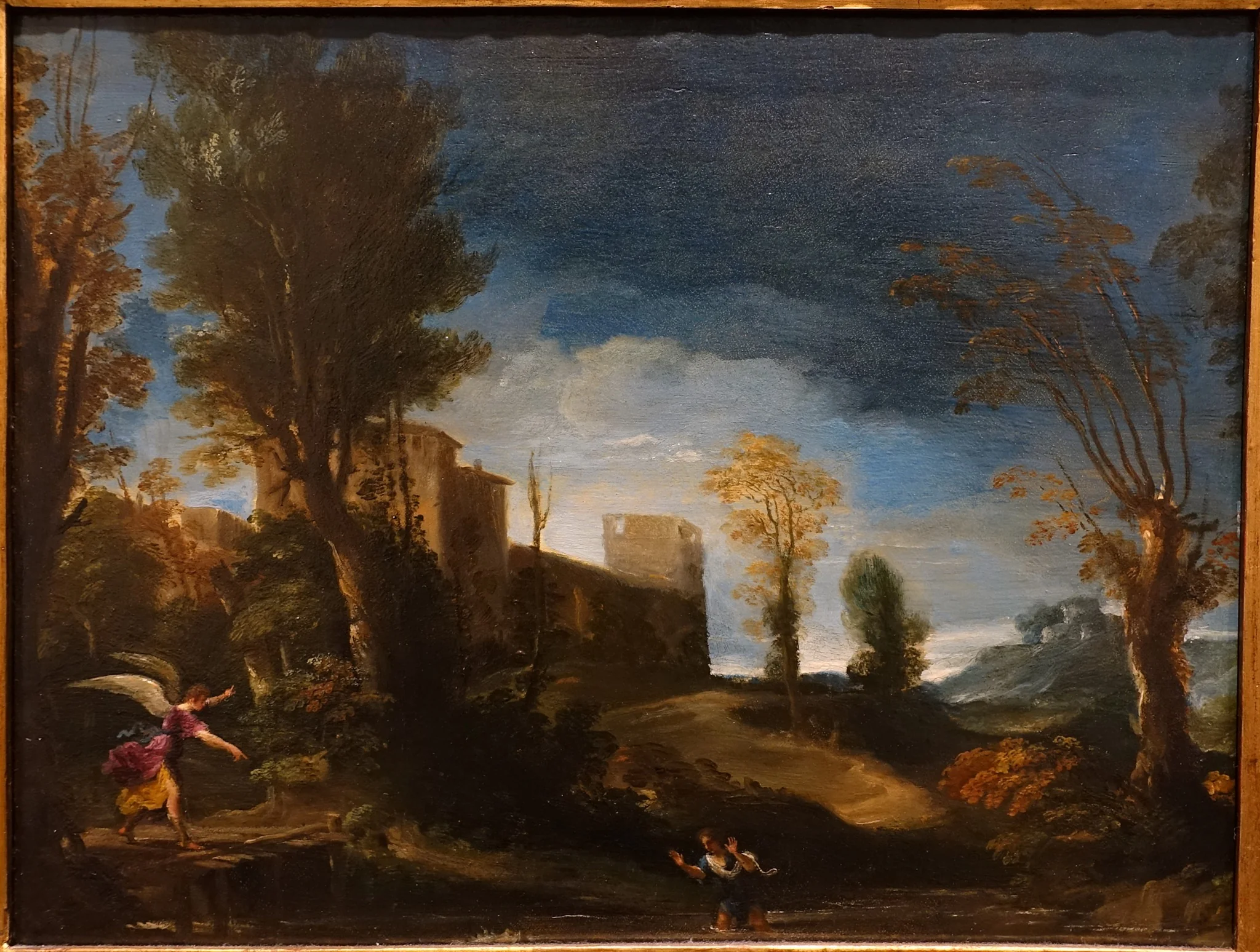 Landscape with Tobias and the Angel, by Guercino, oil, 1616