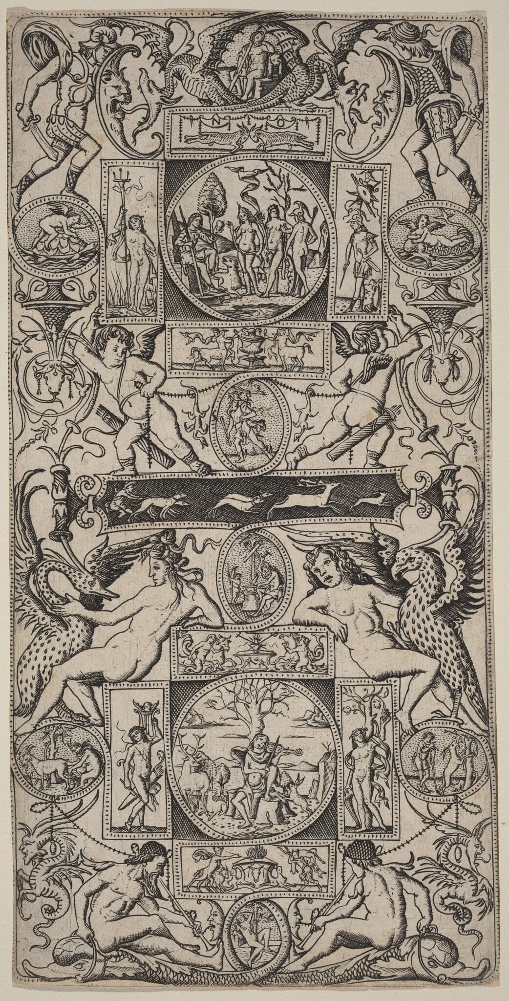Ornament Panel with Orpheus and the Judgment of Paris, by Nicoletto da Modena, ink, 1507