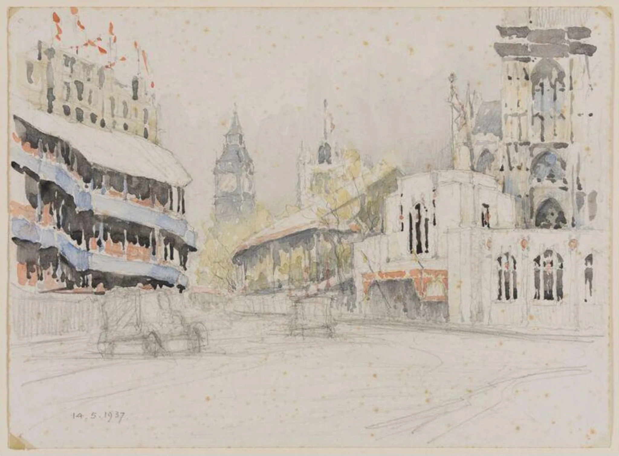 Entrance to Westminster Abbey with Big Ben in the distance, by Pile, watercolor, 1937