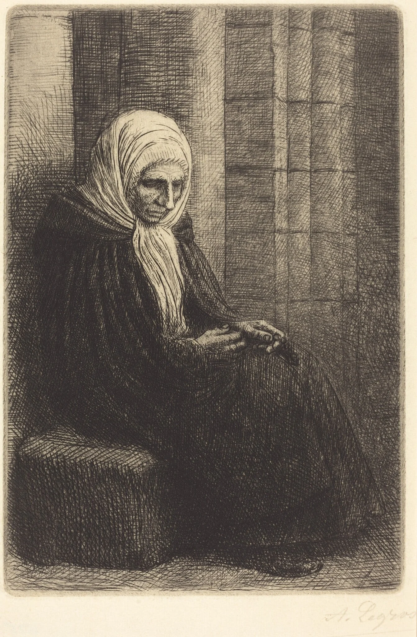 Woman Seated against a Wall, Child with His Head in Her Lap (Femme assis, muraille au fond, enfant la tete dans son giron), by Alphonse Legros, ink, 1874