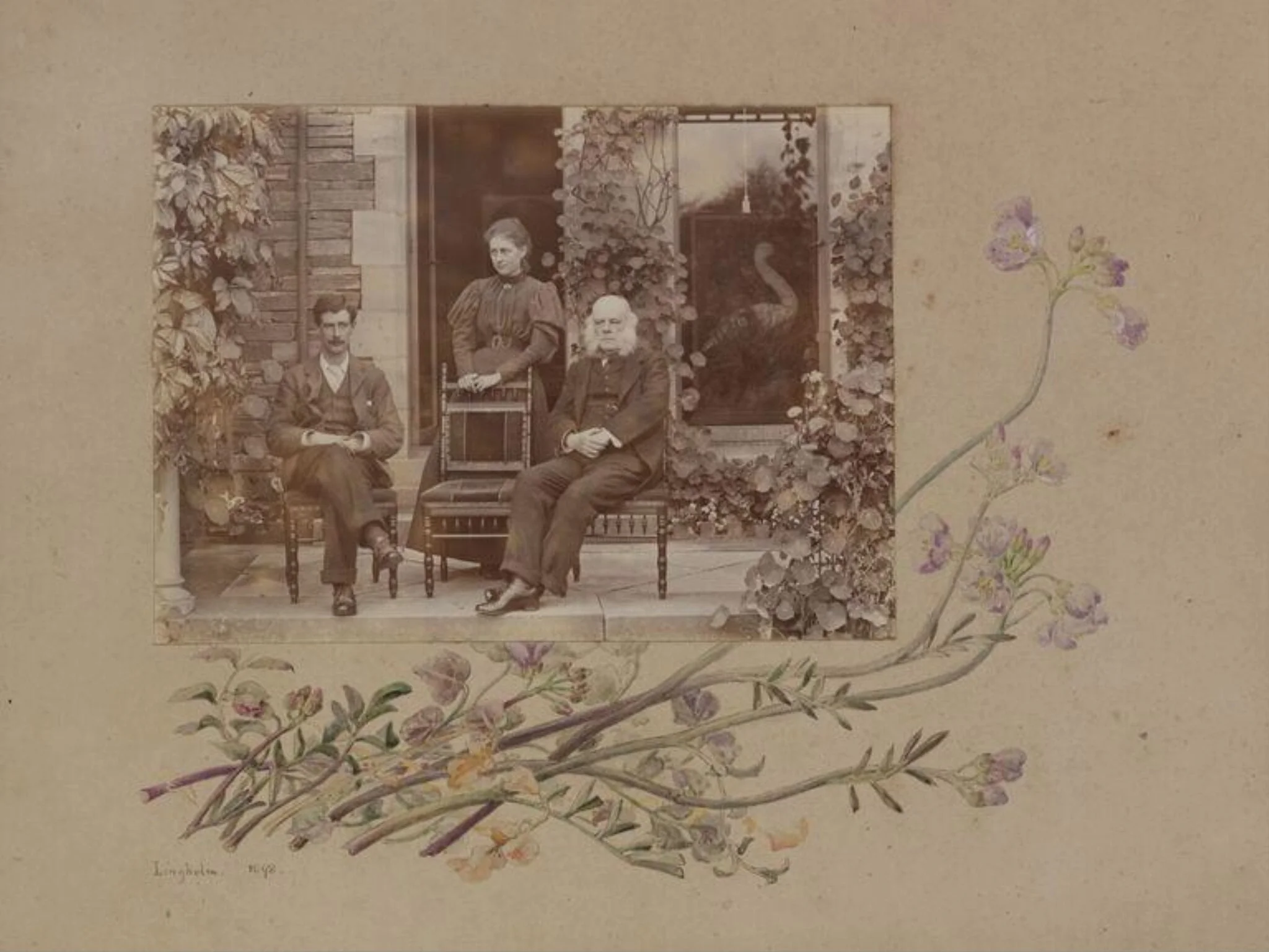 Photograph of Bertram, Beatrix and Rupert Potter with partial border design of yellow and purple flowers, by Rupert Potter, watercolor, 1898