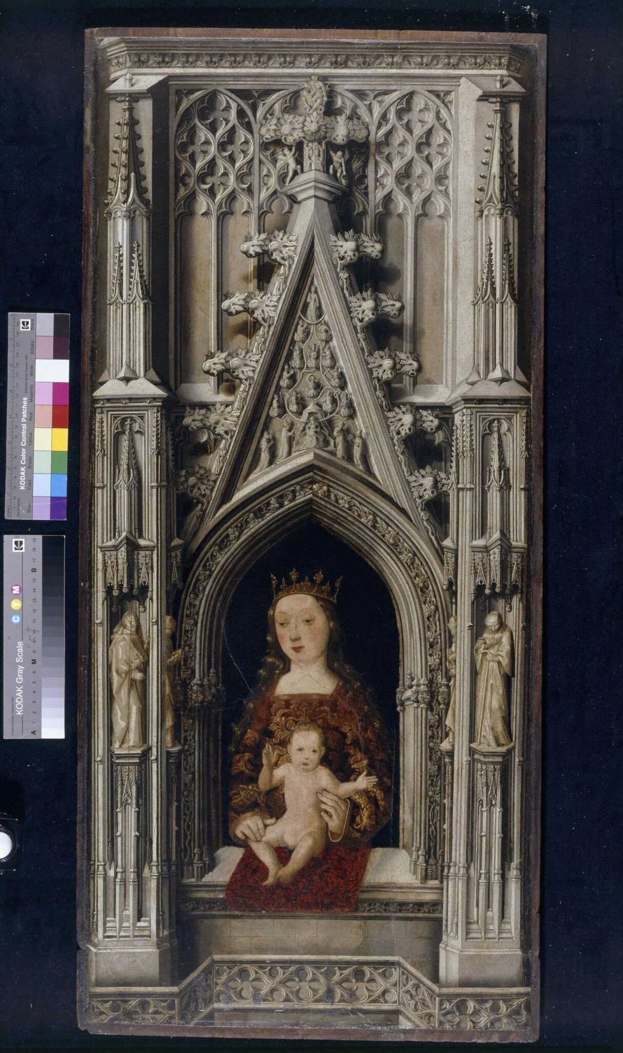 The Virgin and Child in a Gothic architectural setting, by Pedro Sanchez, oil, 1500