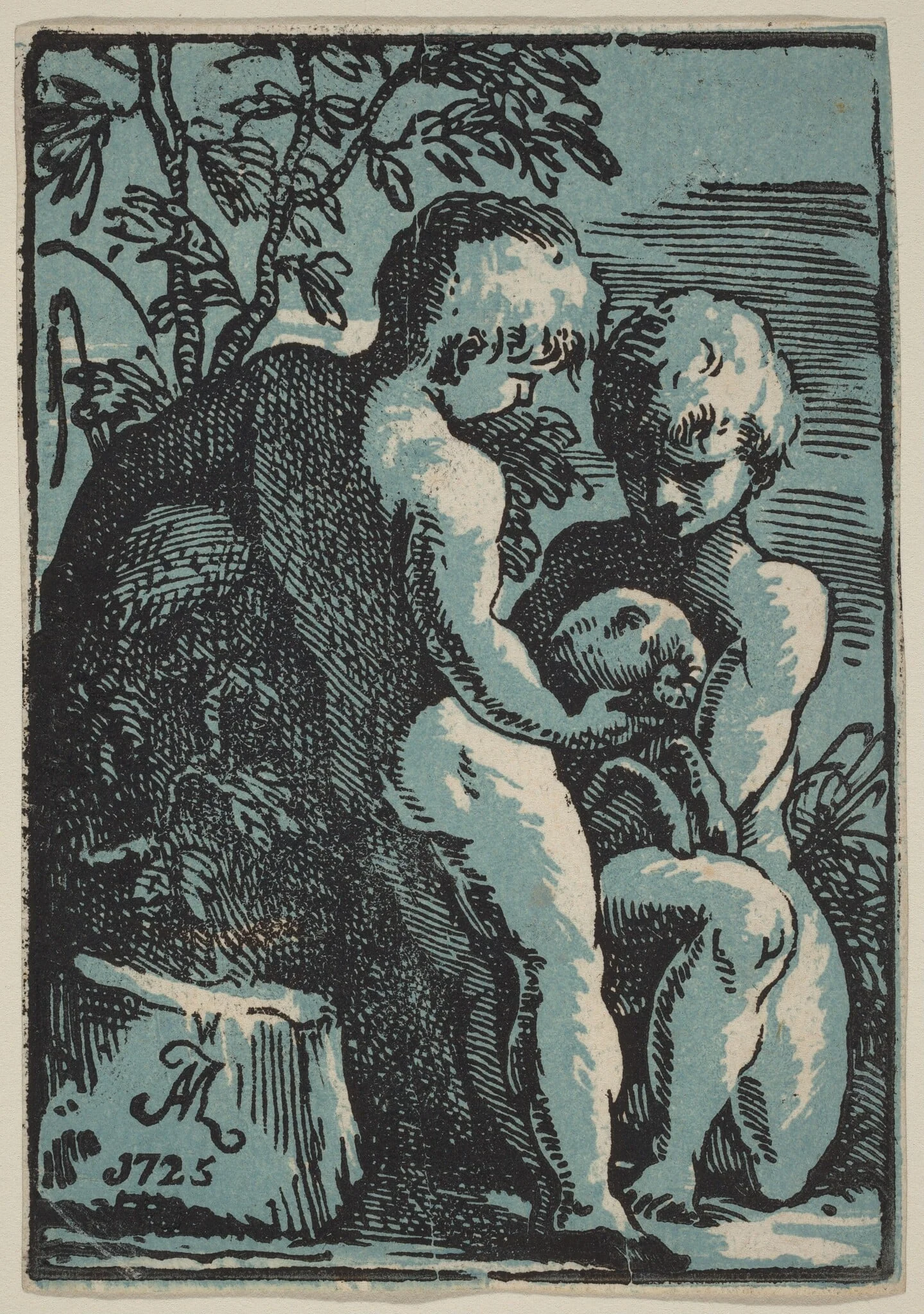 Two Children Petting a Lamb, by Anton Maria Zanetti I, ink, 1725