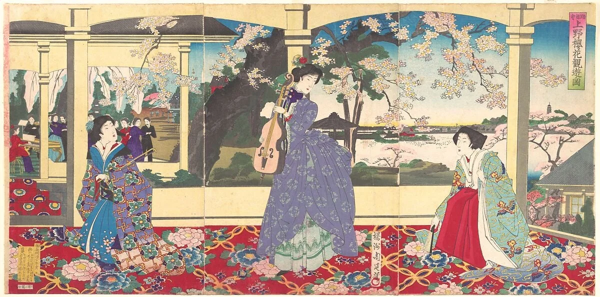 『踏舞会 上野桜花観 遊ノ図』|A  Dance Party: Enjoying Cherry Blossom Viewing at Ueno  (Tōbukai Ueno ōka yūran no zu), by Yōshū (Hashimoto) Chikanobu, ink, 1887
