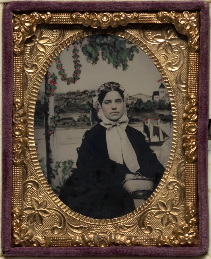 Woman with elaborate nautical backdrop, by Unknown, 1862