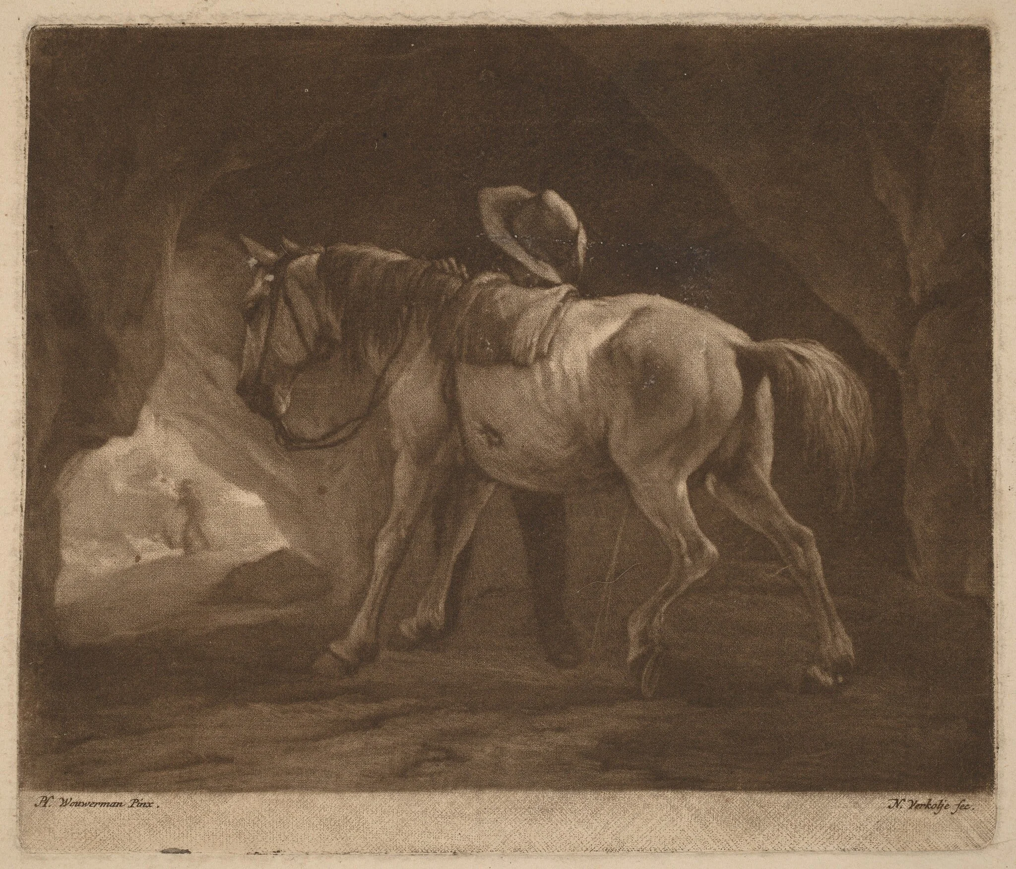 The Pissing Horse, by Nicolaas Verkolje, ink, 1710