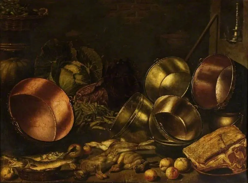 Kitchen utensils, meat and vegetables